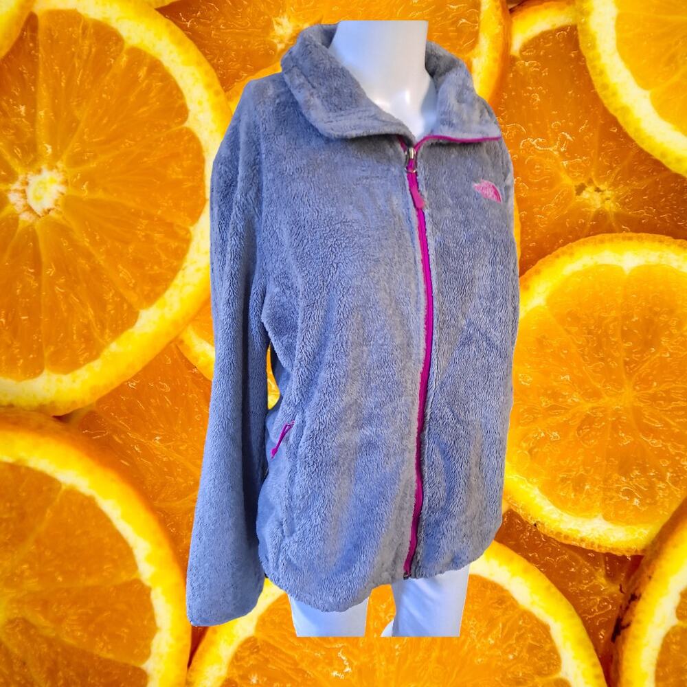 The North Face Gray with Pink Trim Fleece Zip Up Jacket Drawstring Waist‎ Size L